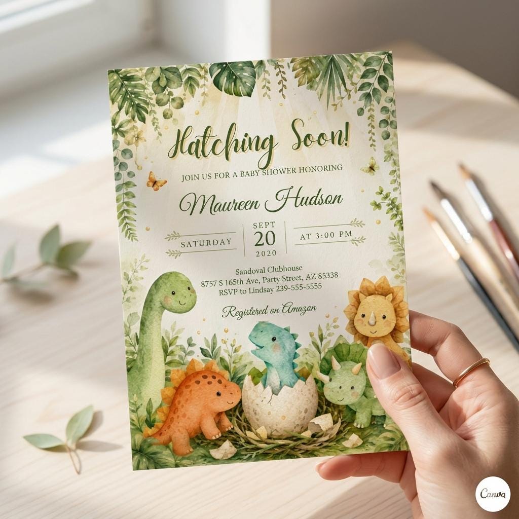 Hatching Soon Baby Shower Invitation,Editable Baby Dino Boy Invite,Dinosaur Egg Couples Template Mobile Evite Hsb – Editable Canva Template