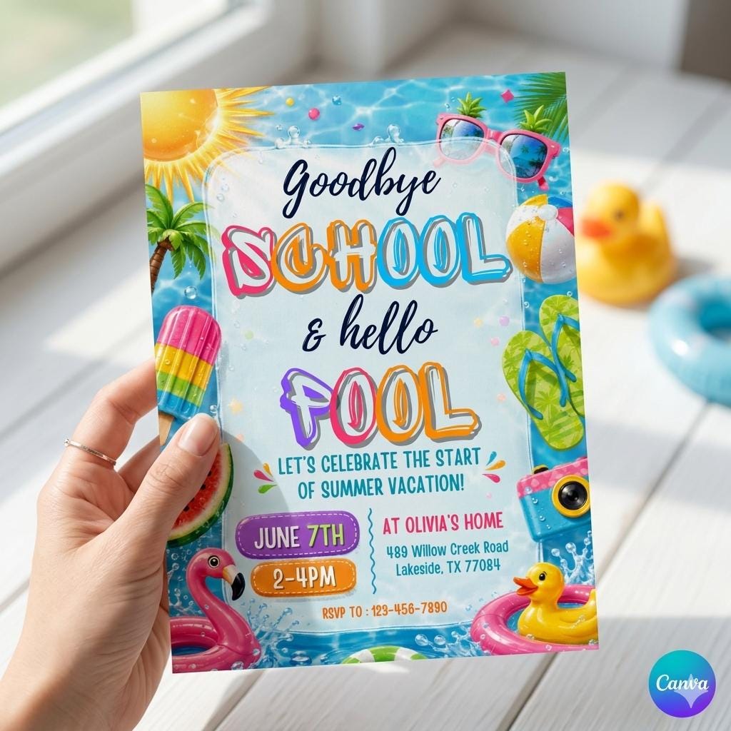 Goodbye School Hello Pool Invitation, End of School Pool Party Invite, Editable Summer Break Party Invite, Printable Canva Template