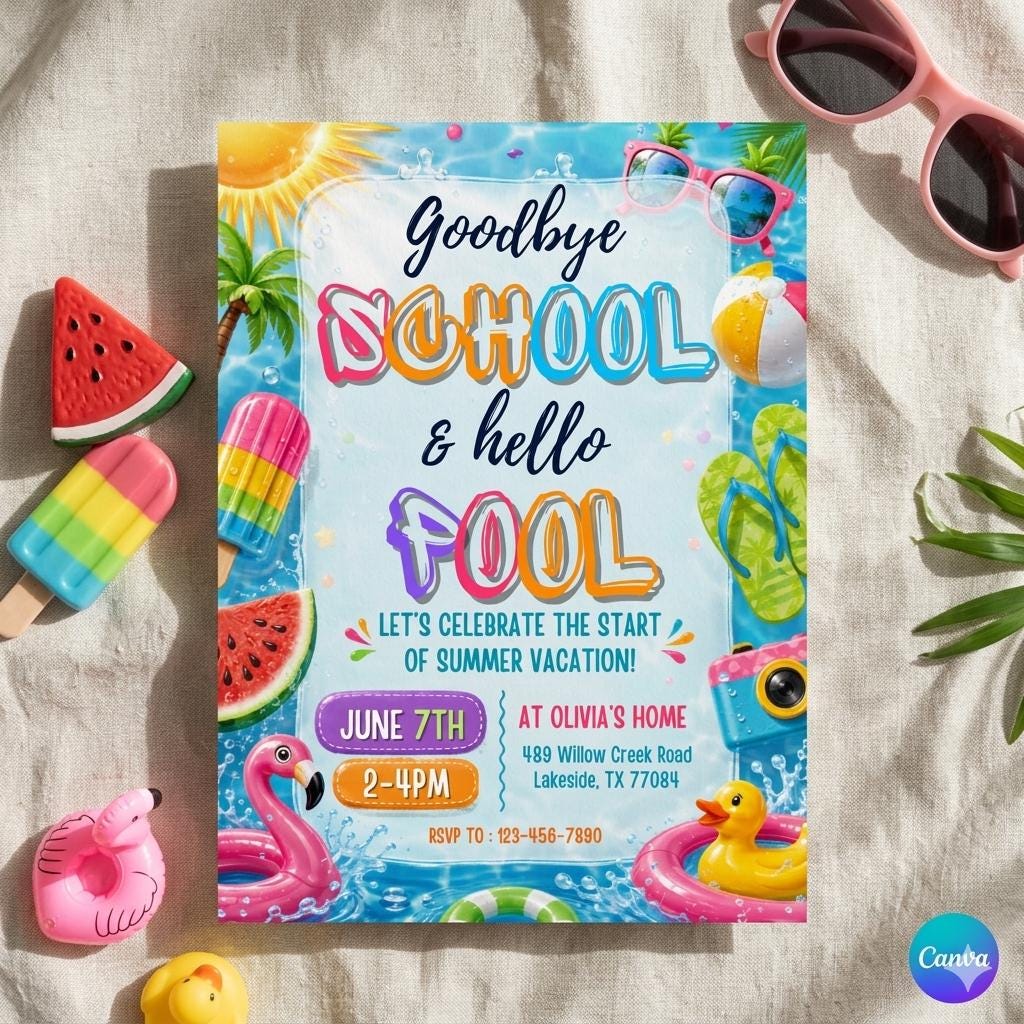 Goodbye School Hello Pool Invitation, End of School Pool Party Invite, Editable Summer Break Party Invite, Printable Canva Template
