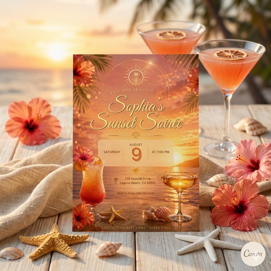 Sunset Soirée Summer Party Invitation for Print and Mobile (Editable Canva, Digital Download)