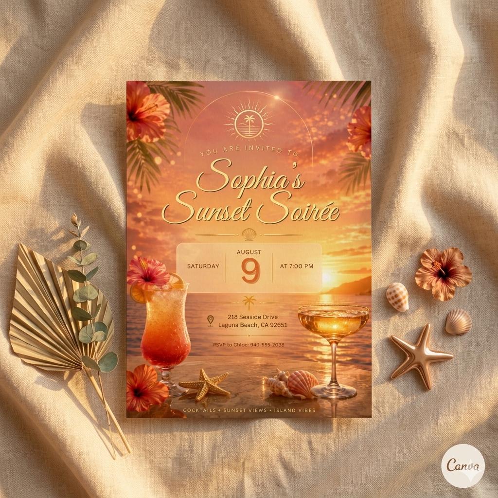 Sunset Soirée Summer Party Invitation for Print and Mobile (Editable Canva, Digital Download)