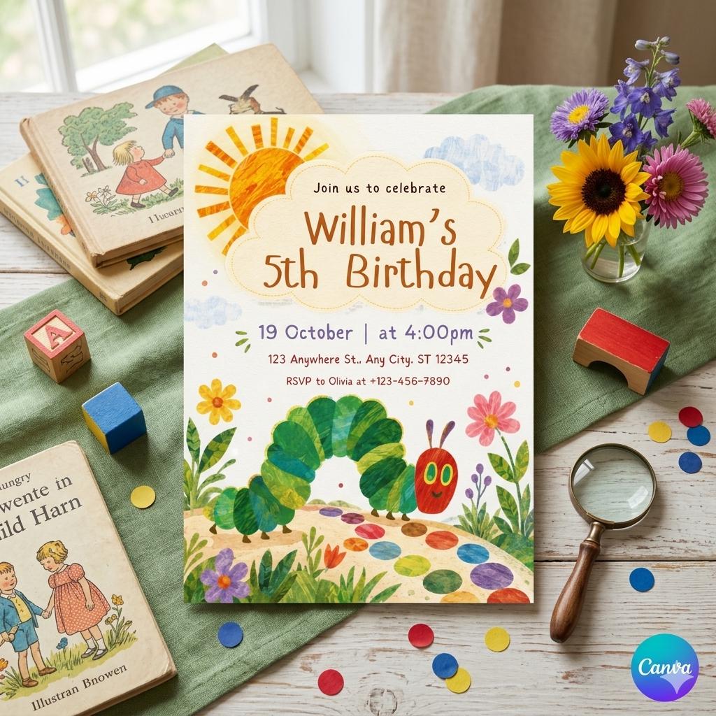 Very Hungry Caterpillar First Birthday Invitation (Digital Canva Template)