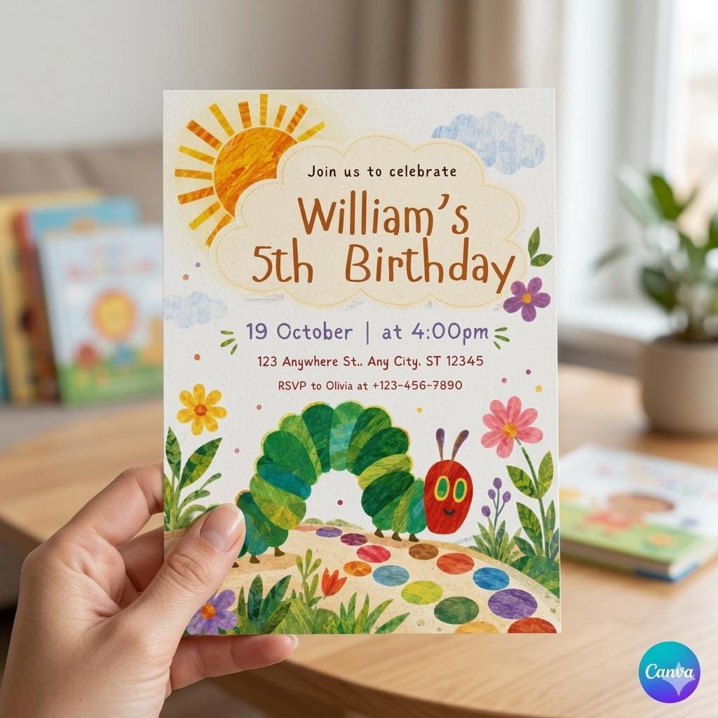 Very Hungry Caterpillar First Birthday Invitation (Digital Canva Template)