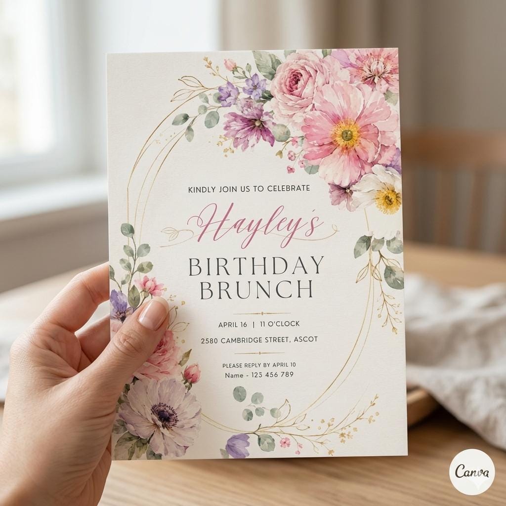 Floral Birthday Brunch Invitation Template (Digital Download)