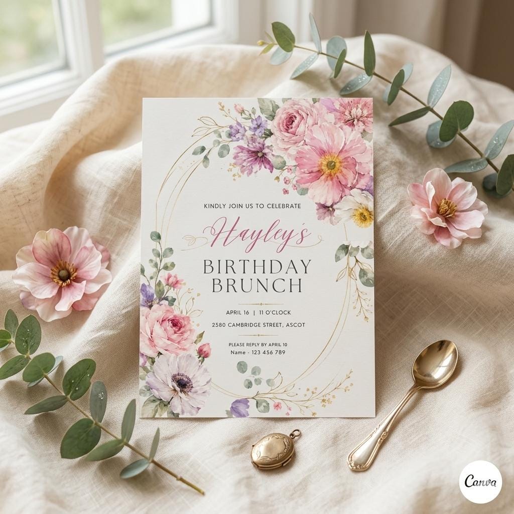 Floral Birthday Brunch Invitation Template (Digital Download)