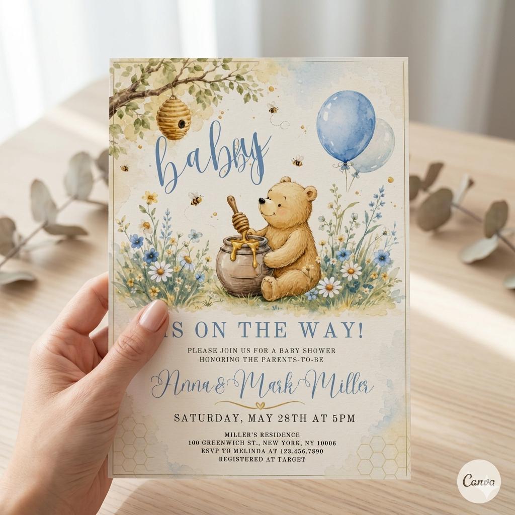 Winnie the Pooh Baby Shower Invitation Boy , Classic Pooh Invite , Editable Canva Template , Instant Download
