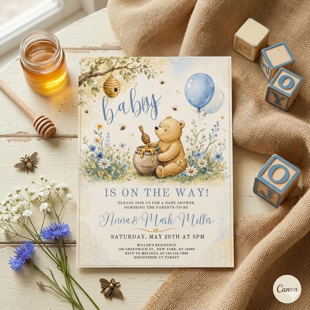 Winnie the Pooh Baby Shower Invitation Boy , Classic Pooh Invite , Editable Canva Template , Instant Download