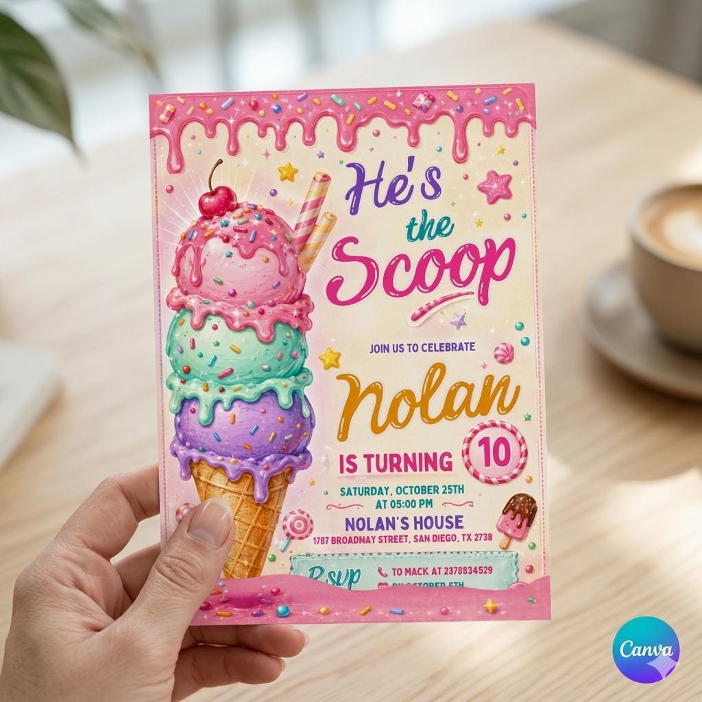 Ice Cream Birthday Invitation for Girl Birthday Invite, Ice Cream Party Invitation, Here's the Scoop Pink Purple Mint, Ice Cream Canva