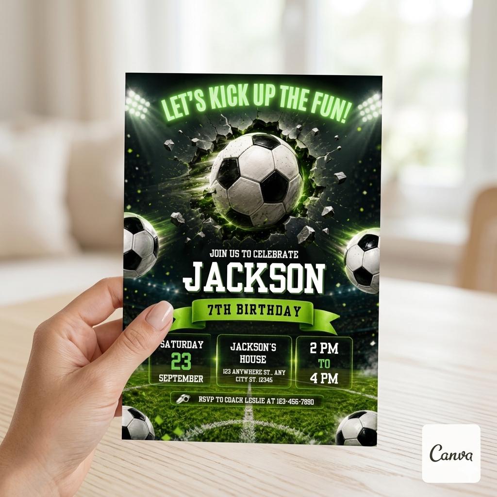 Soccer Birthday Invitation Template Bundle, Kid Soccer Birthday Canva Invitation, Printable Birthday Party Invitation, Kids Party Invite 5x7