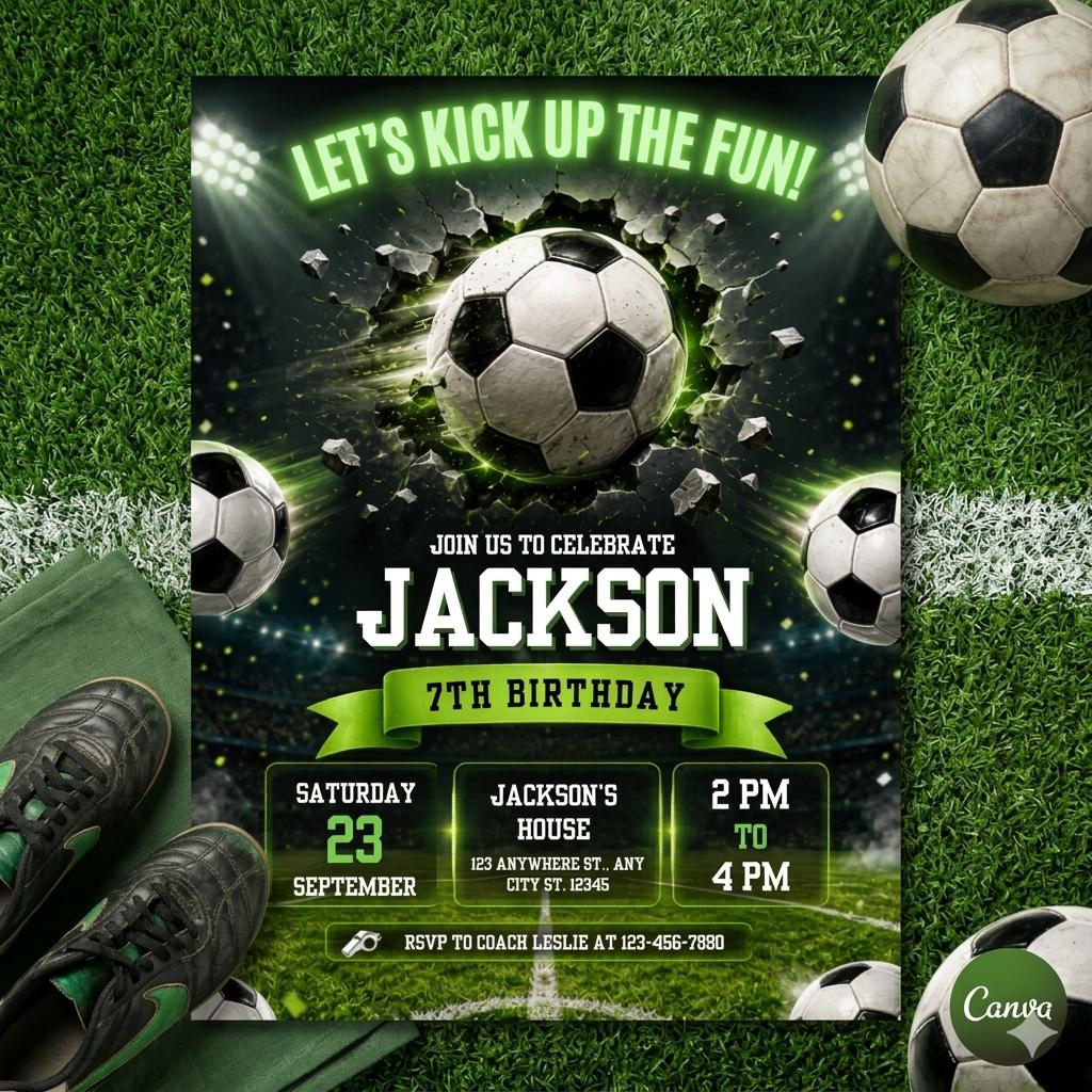 Soccer Birthday Invitation Template Bundle, Kid Soccer Birthday Canva Invitation, Printable Birthday Party Invitation, Kids Party Invite 5x7