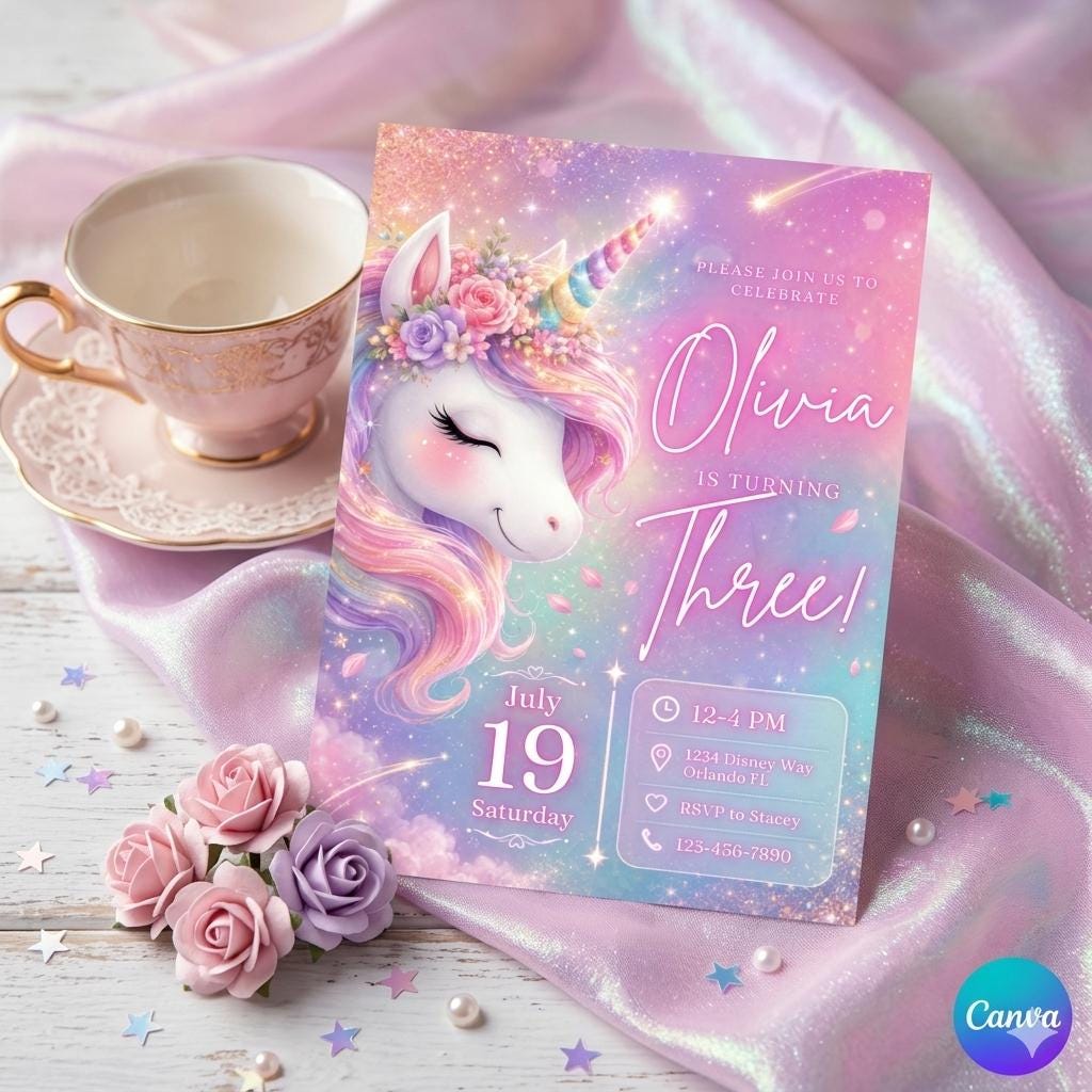 Watercolor Unicorn Birthday Invitation for Girls , Custom Printed Invite , Magical Pastel Rainbow First Birthday Party , Envelopes Included