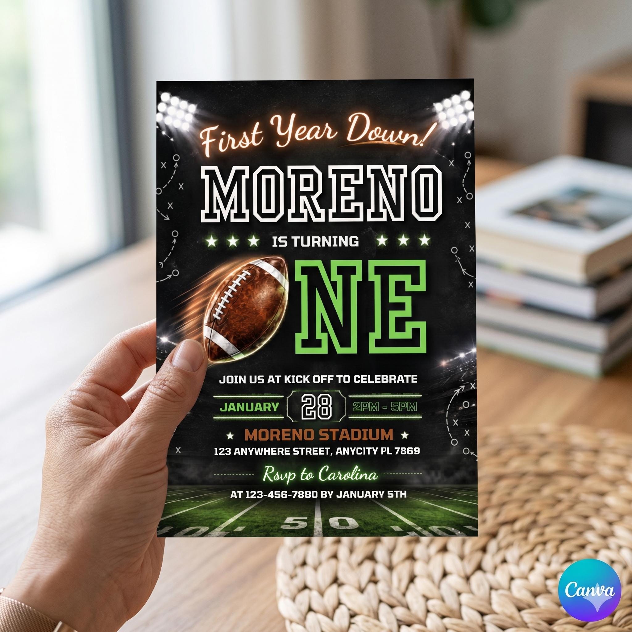 Editable Football Birthday Invitation, First Year Down, Game On Canva Template (Digital Download)