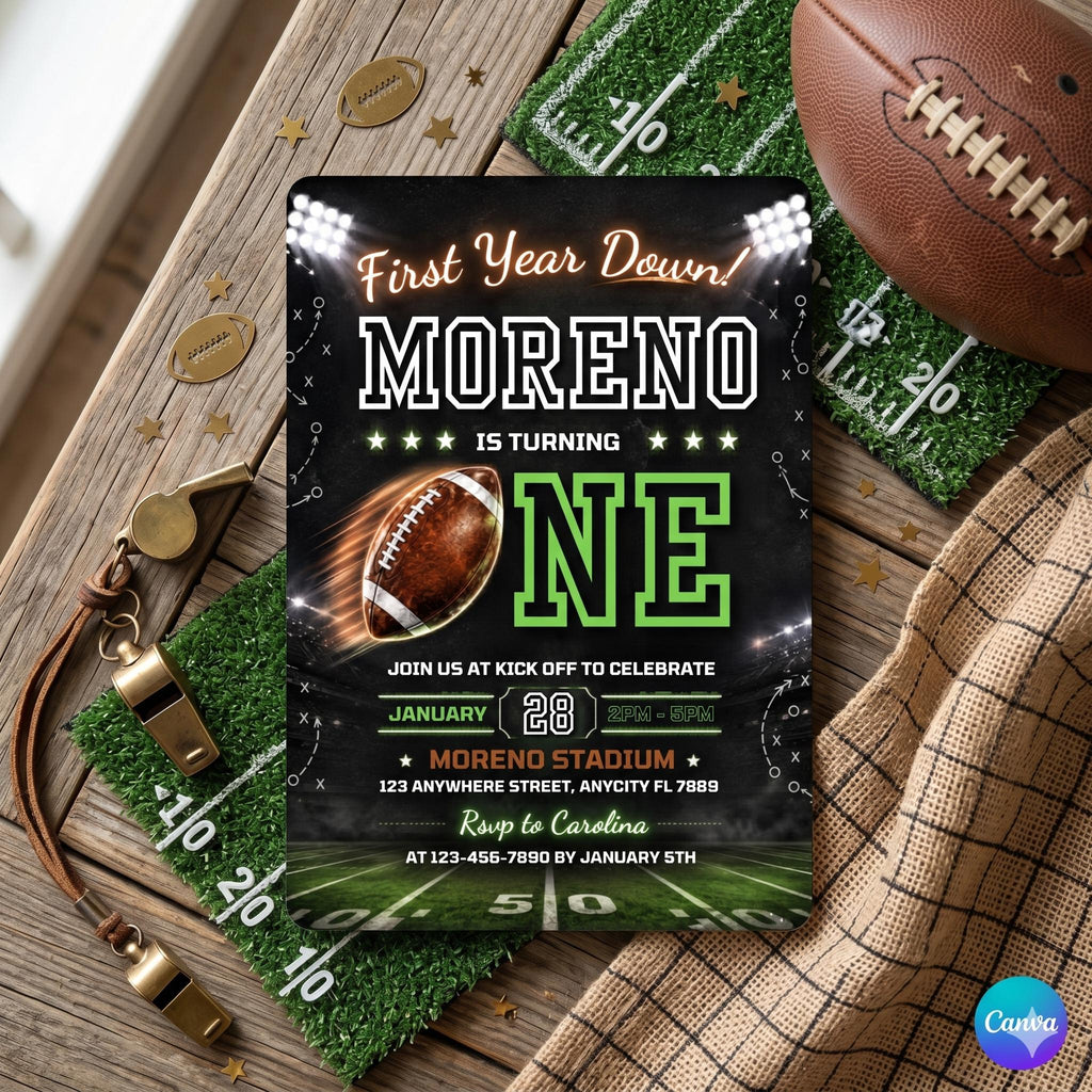 Editable Football Birthday Invitation, First Year Down, Game On Canva Template (Digital Download)
