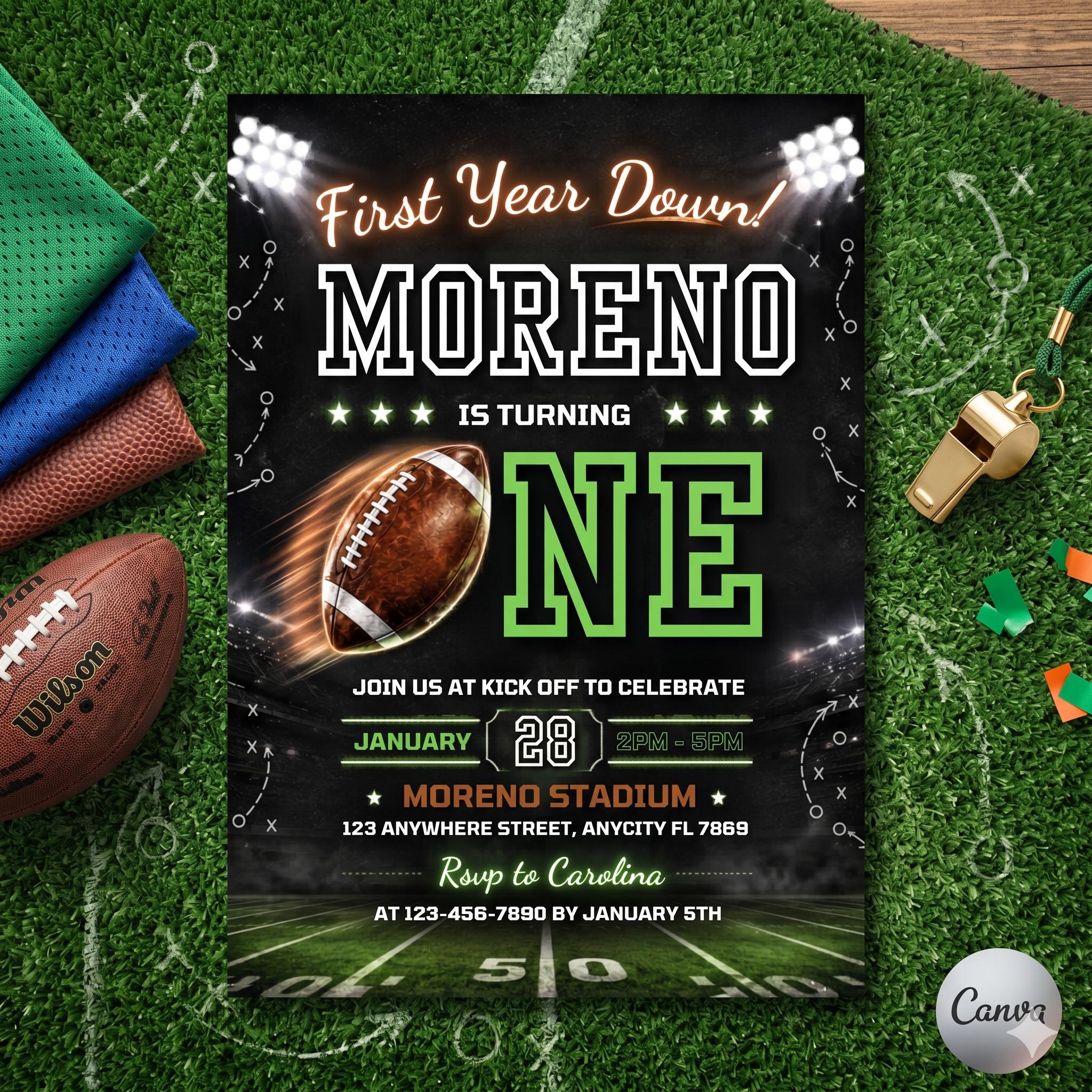 Editable Football Birthday Invitation, First Year Down, Game On Canva Template (Digital Download)