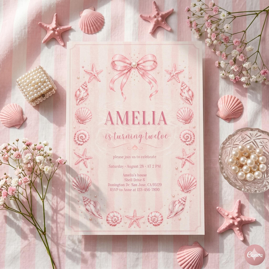 Pink Beach Birthday Invitation, Seashells Tween Party Invite, Coastal Coquette Bow (Digital Download)