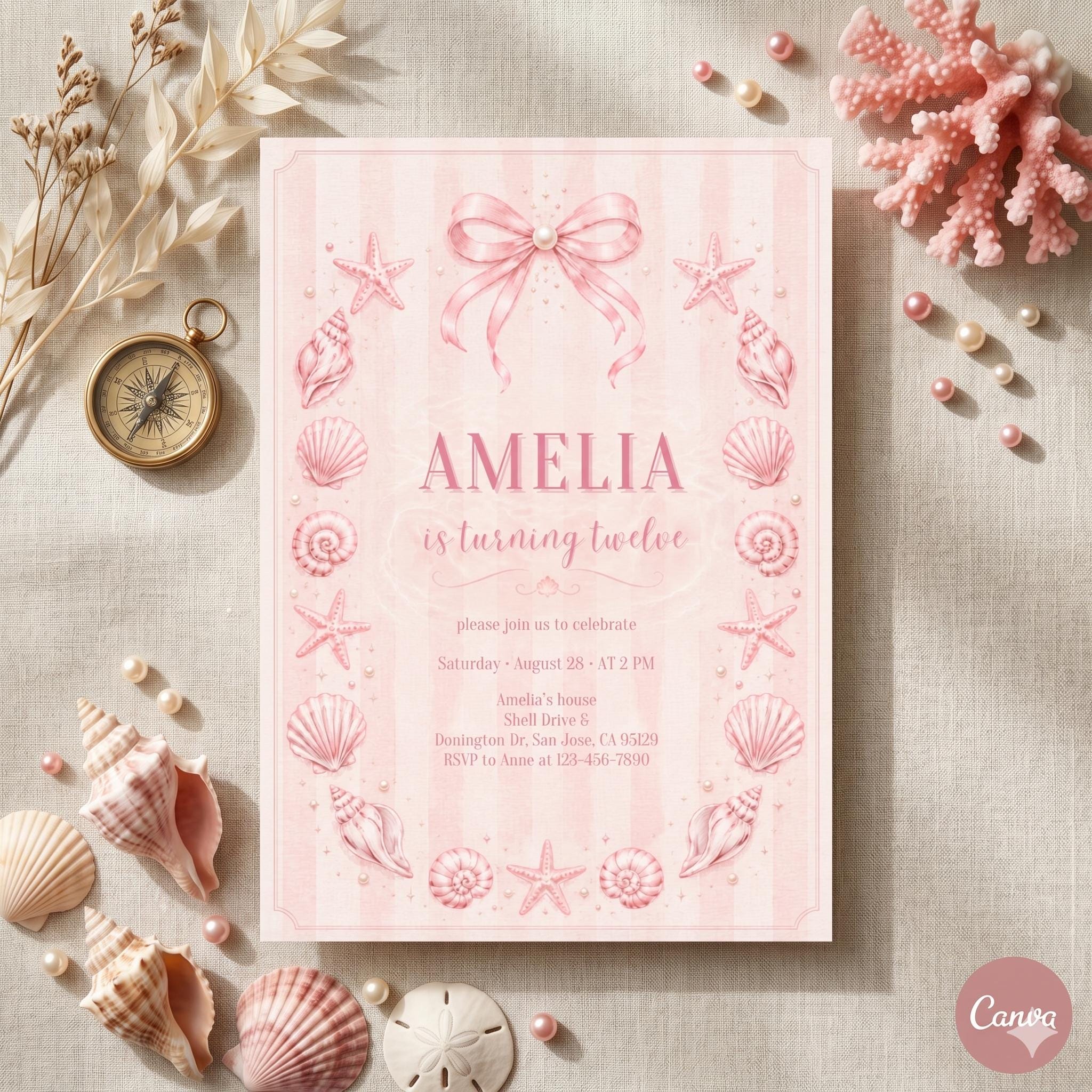 Pink Beach Birthday Invitation, Seashells Tween Party Invite, Coastal Coquette Bow (Digital Download)