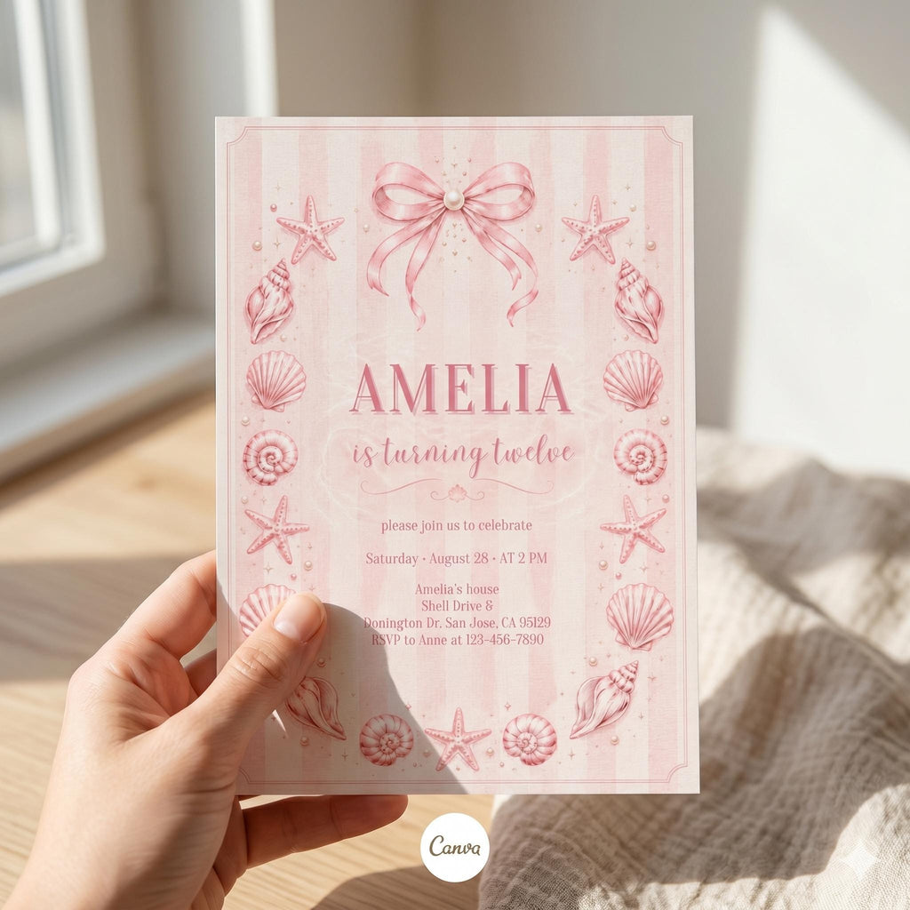 Pink Beach Birthday Invitation, Seashells Tween Party Invite, Coastal Coquette Bow (Digital Download)