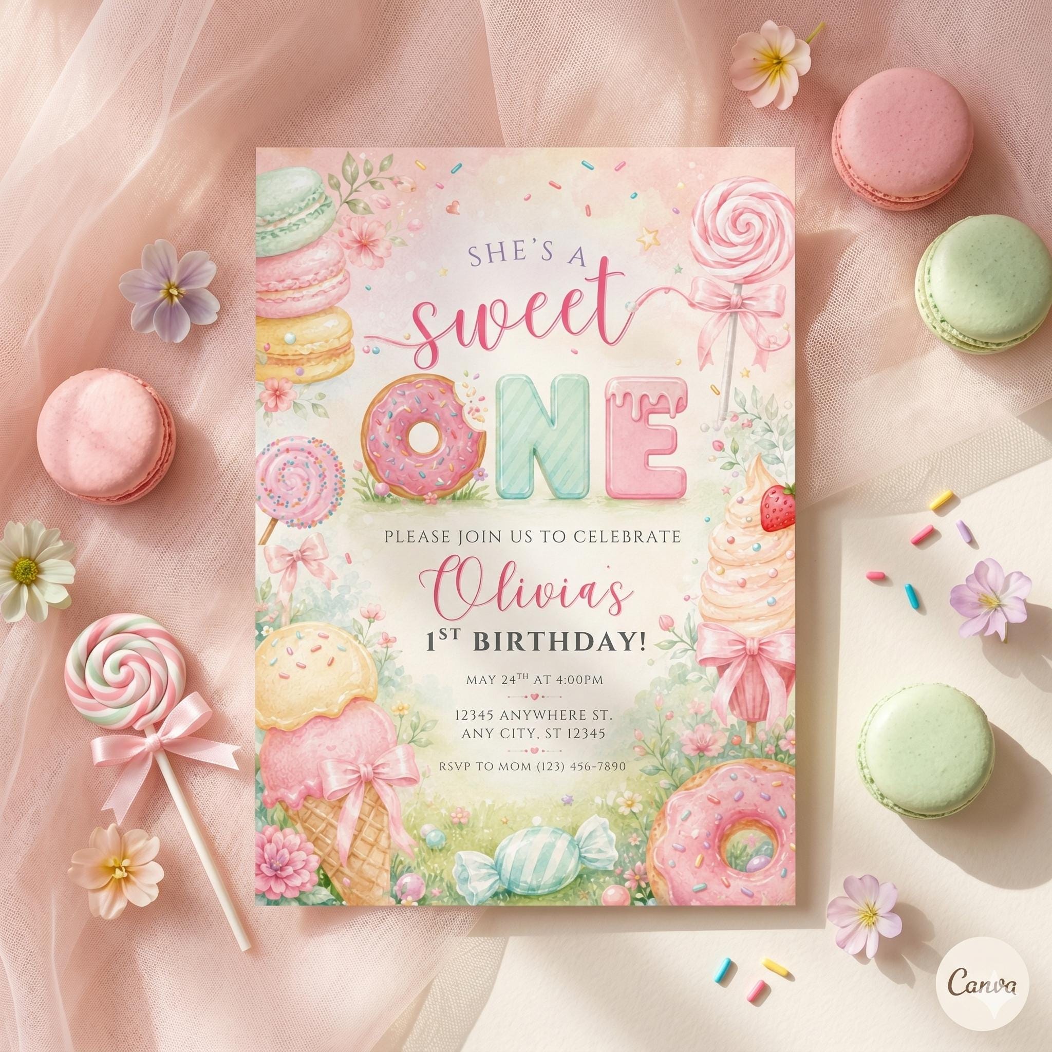 Sweet One Birthday Invitation: Dessert Theme, Candy, Donut, Ice Cream Party (Digital Download)