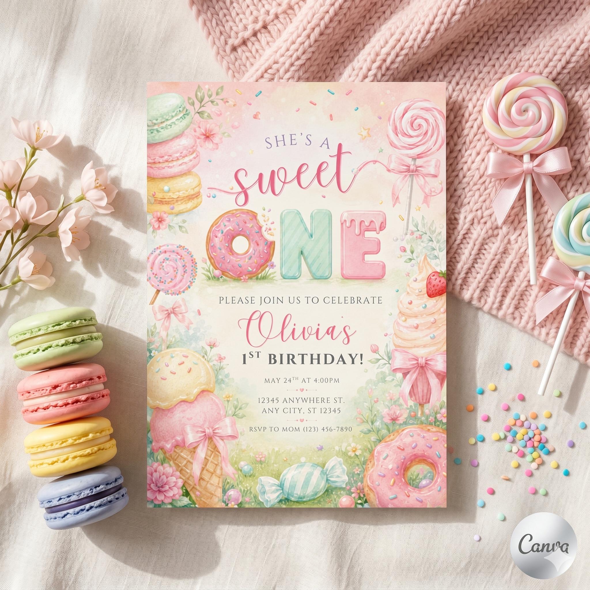 Sweet One Birthday Invitation: Dessert Theme, Candy, Donut, Ice Cream Party (Digital Download)