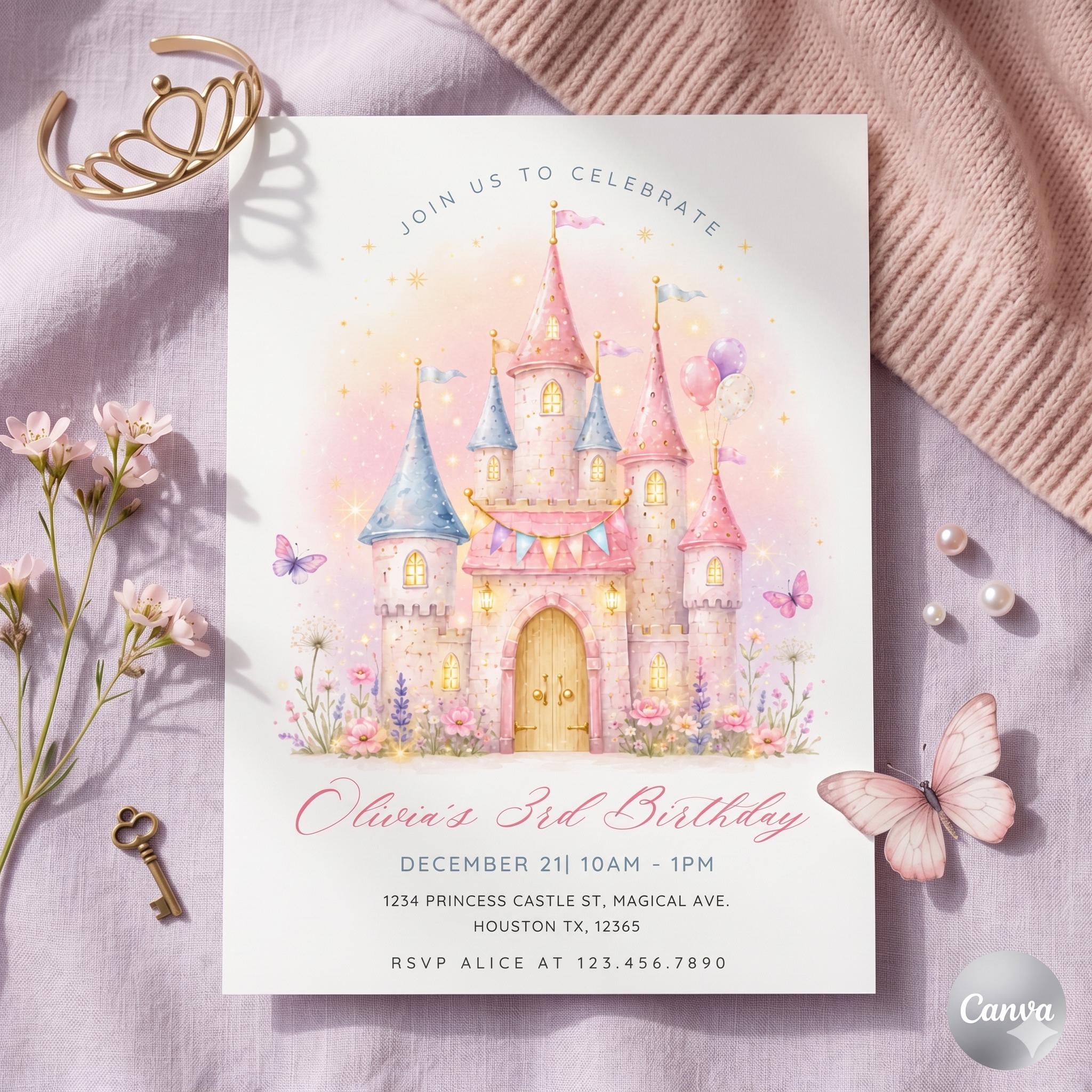 Princess Castle Birthday Invitation, Editable Template (Digital Download)