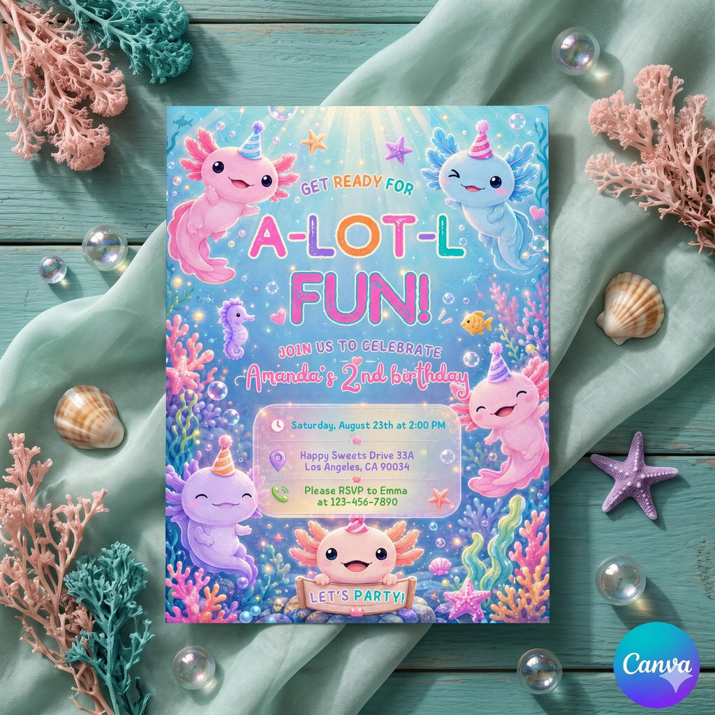 Axolotl Birthday Invitation, Axolotl Birthday Invites, Under Sea Birthday Invitation, Editable Canva