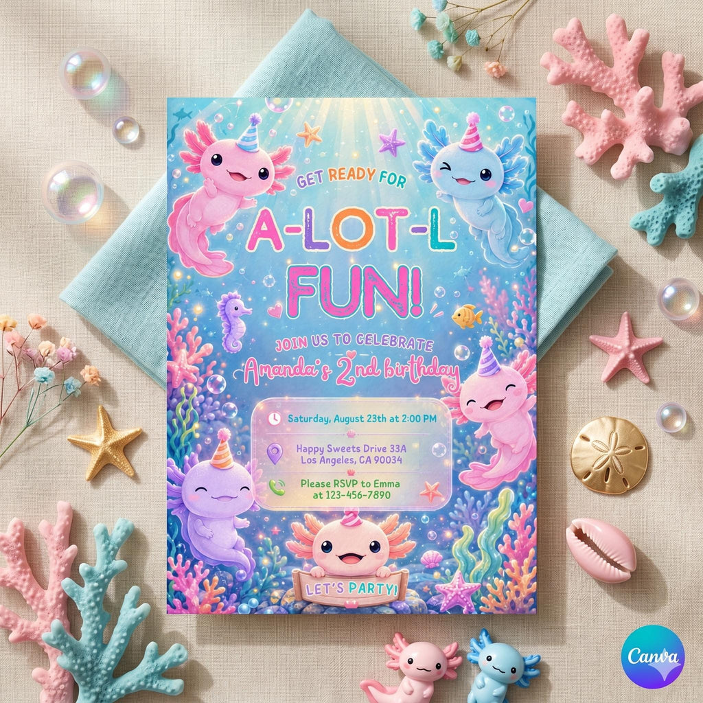 Axolotl Birthday Invitation, Axolotl Birthday Invites, Under Sea Birthday Invitation, Editable Canva