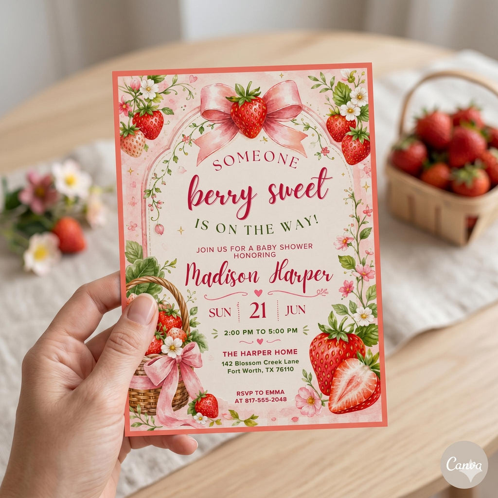 Strawberry Baby Shower Invitation Template, Berry Sweet Baby on the Way Invite, Berry Sweet Invitation, Printable Invite, Canva template