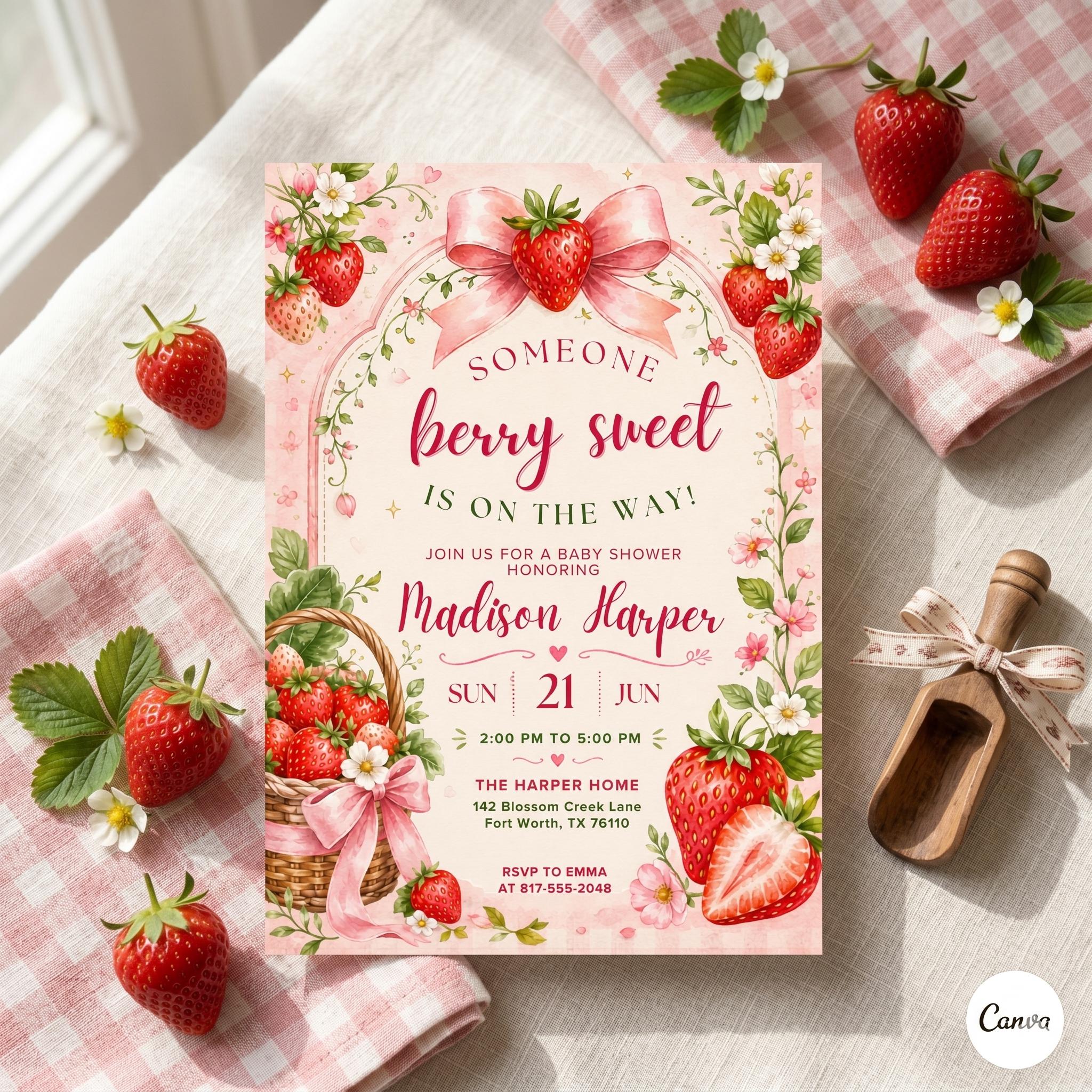 Strawberry Baby Shower Invitation Template, Berry Sweet Baby on the Way Invite, Berry Sweet Invitation, Printable Invite, Canva template