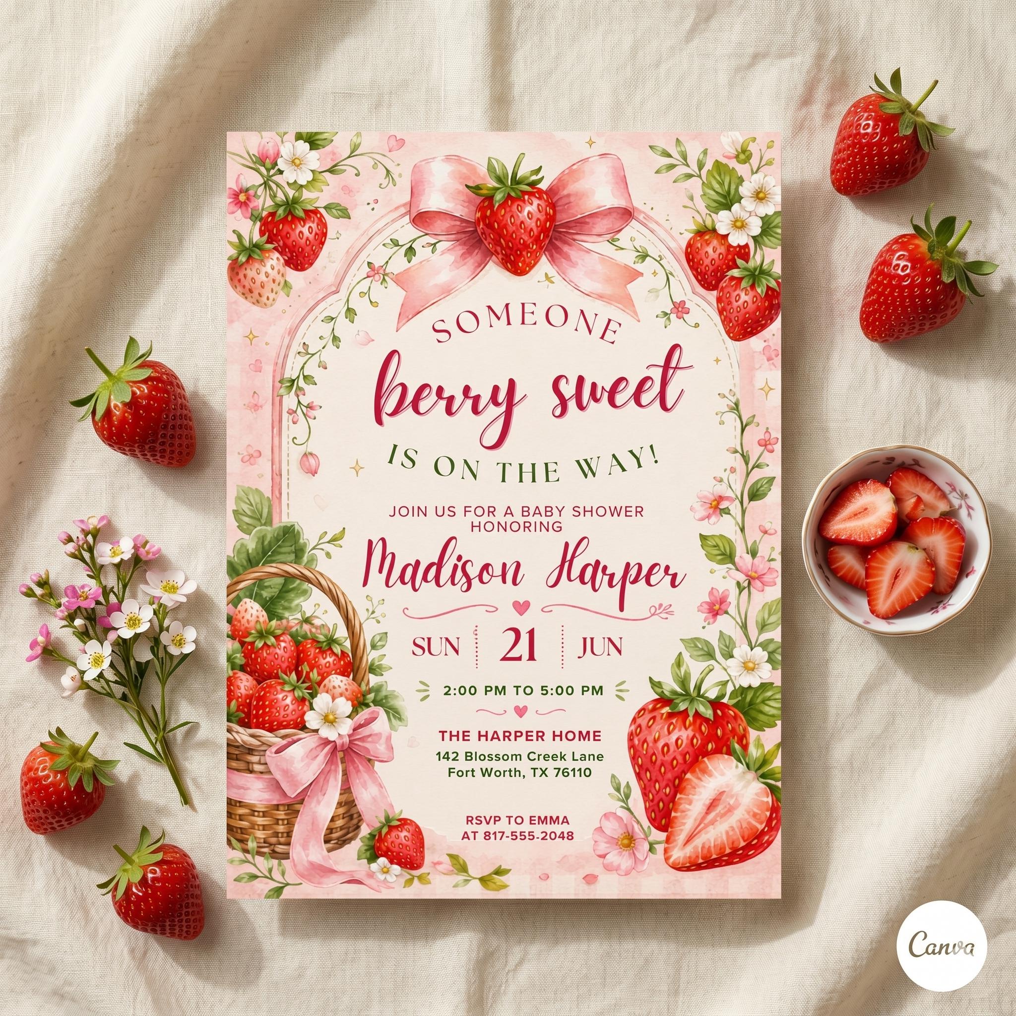 Strawberry Baby Shower Invitation Template, Berry Sweet Baby on the Way Invite, Berry Sweet Invitation, Printable Invite, Canva template