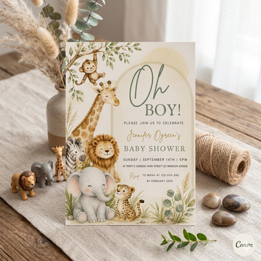 Safari Baby Shower Invitation Boy : Jungle Theme, Editable and Printable Invite, Wild One