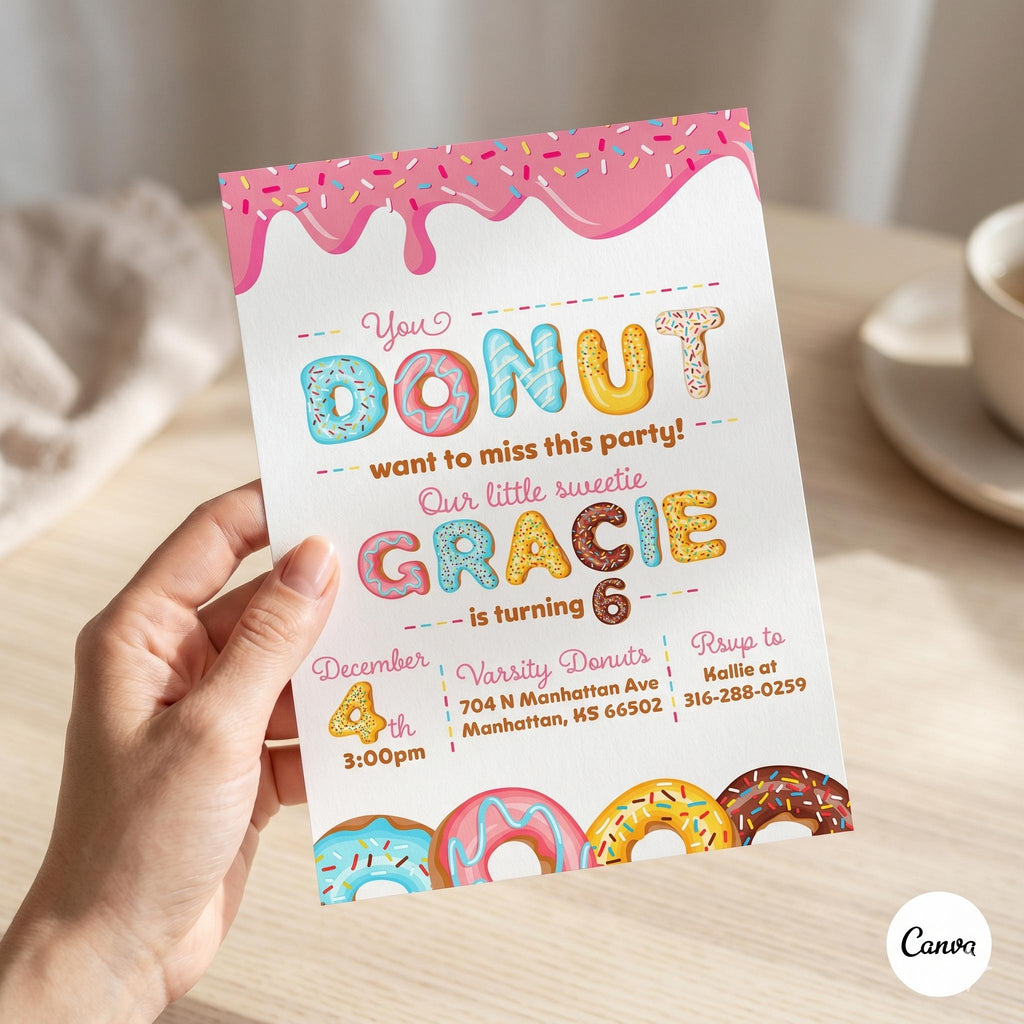 Donut Birthday, Sweet One, Little Sweetie, Party Invitation, Printed Invitation with Envelopes