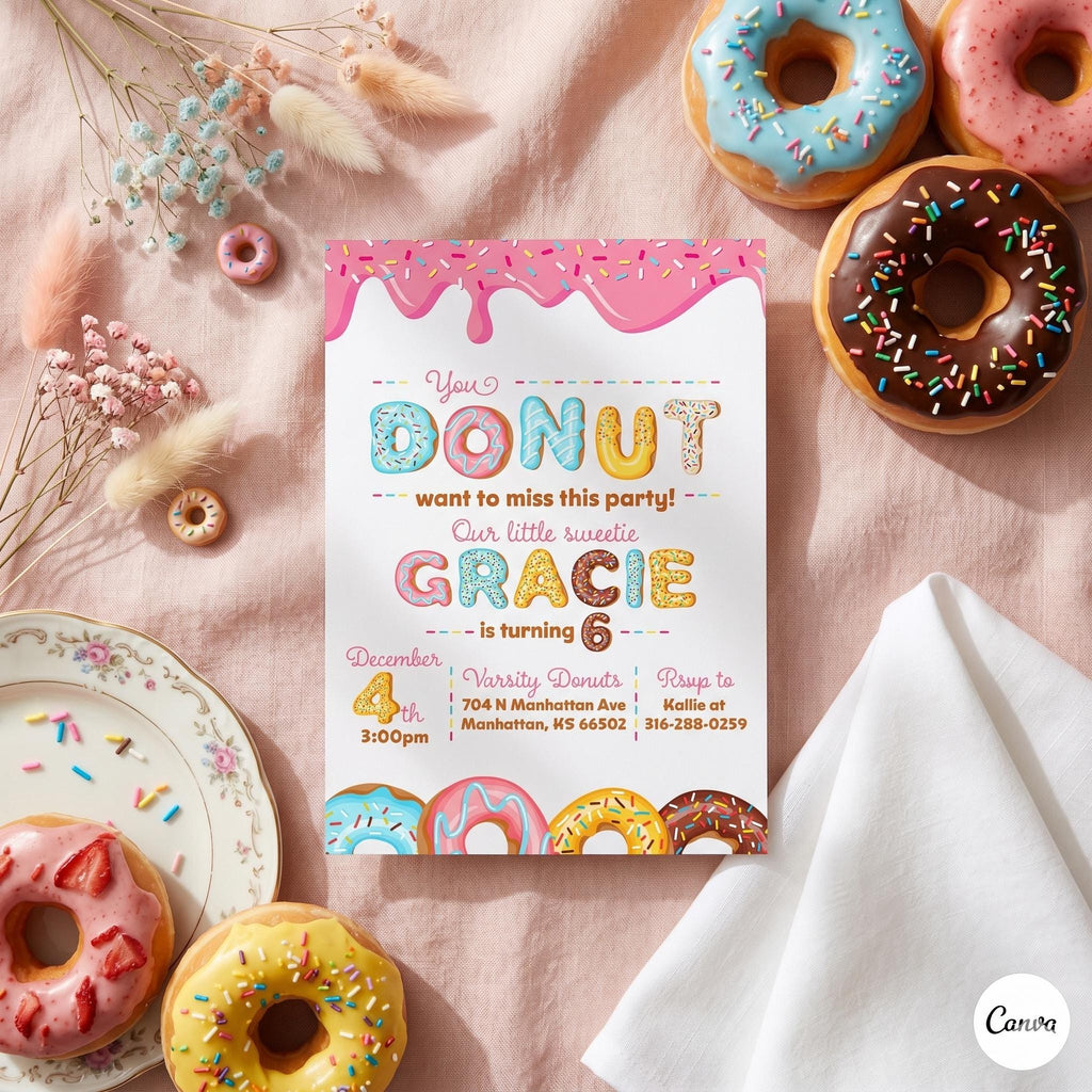 Donut Birthday, Sweet One, Little Sweetie, Party Invitation, Printed Invitation with Envelopes