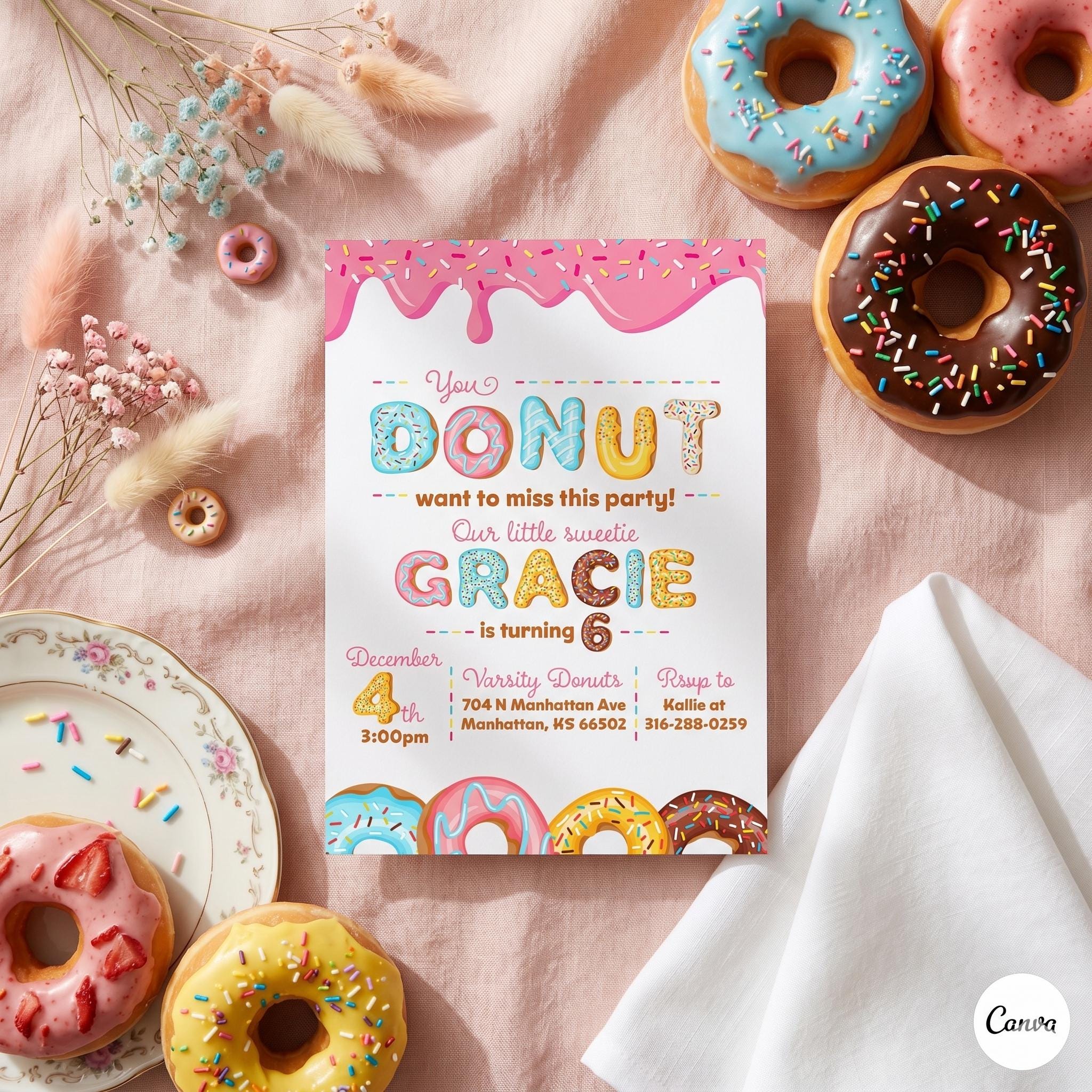 Donut Birthday, Sweet One, Little Sweetie, Party Invitation, Printed Invitation with Envelopes