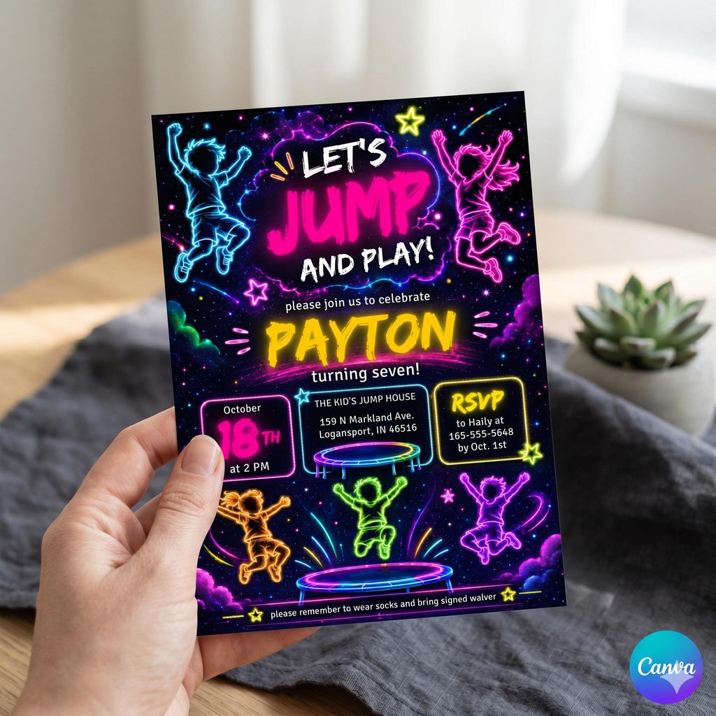Trampoline Park Birthday Invitation , Jump & Flip Party Digital Invite, Editable Canva Template for Kids and Teens, Instant Download , A20