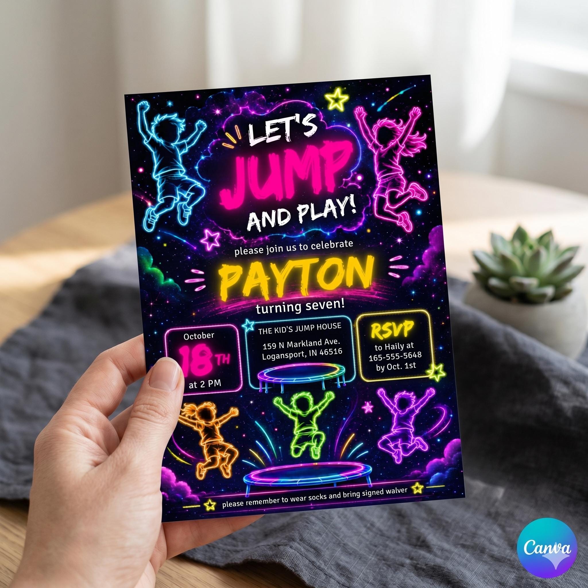 Trampoline Park Birthday Invitation , Jump & Flip Party Digital Invite, Editable Canva Template for Kids and Teens, Instant Download , A20
