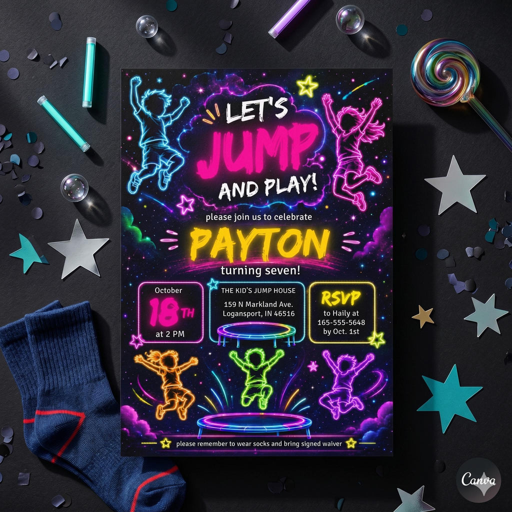 Trampoline Park Birthday Invitation , Jump & Flip Party Digital Invite, Editable Canva Template for Kids and Teens, Instant Download , A20
