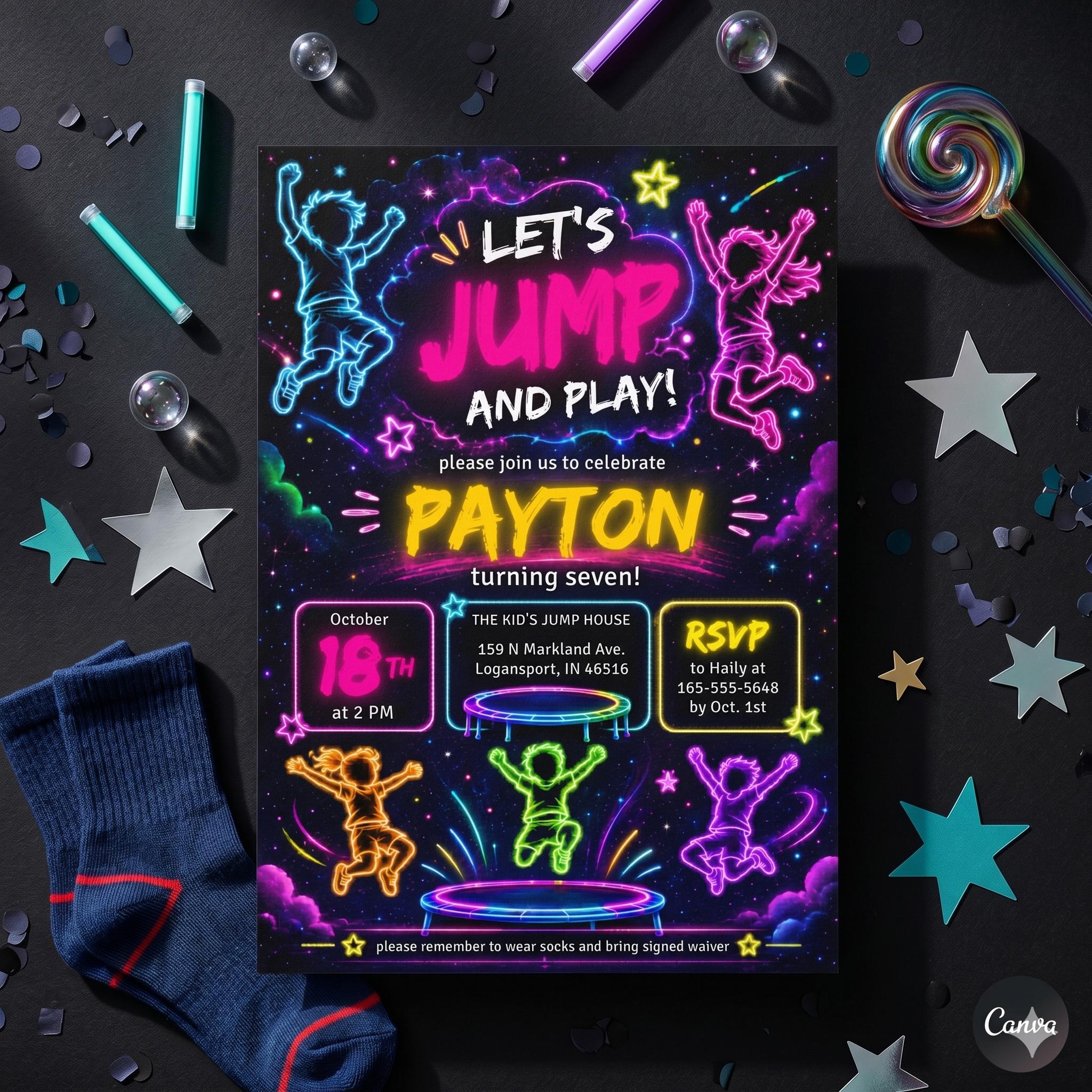 Trampoline Park Birthday Invitation , Jump & Flip Party Digital Invite, Editable Canva Template for Kids and Teens, Instant Download , A20