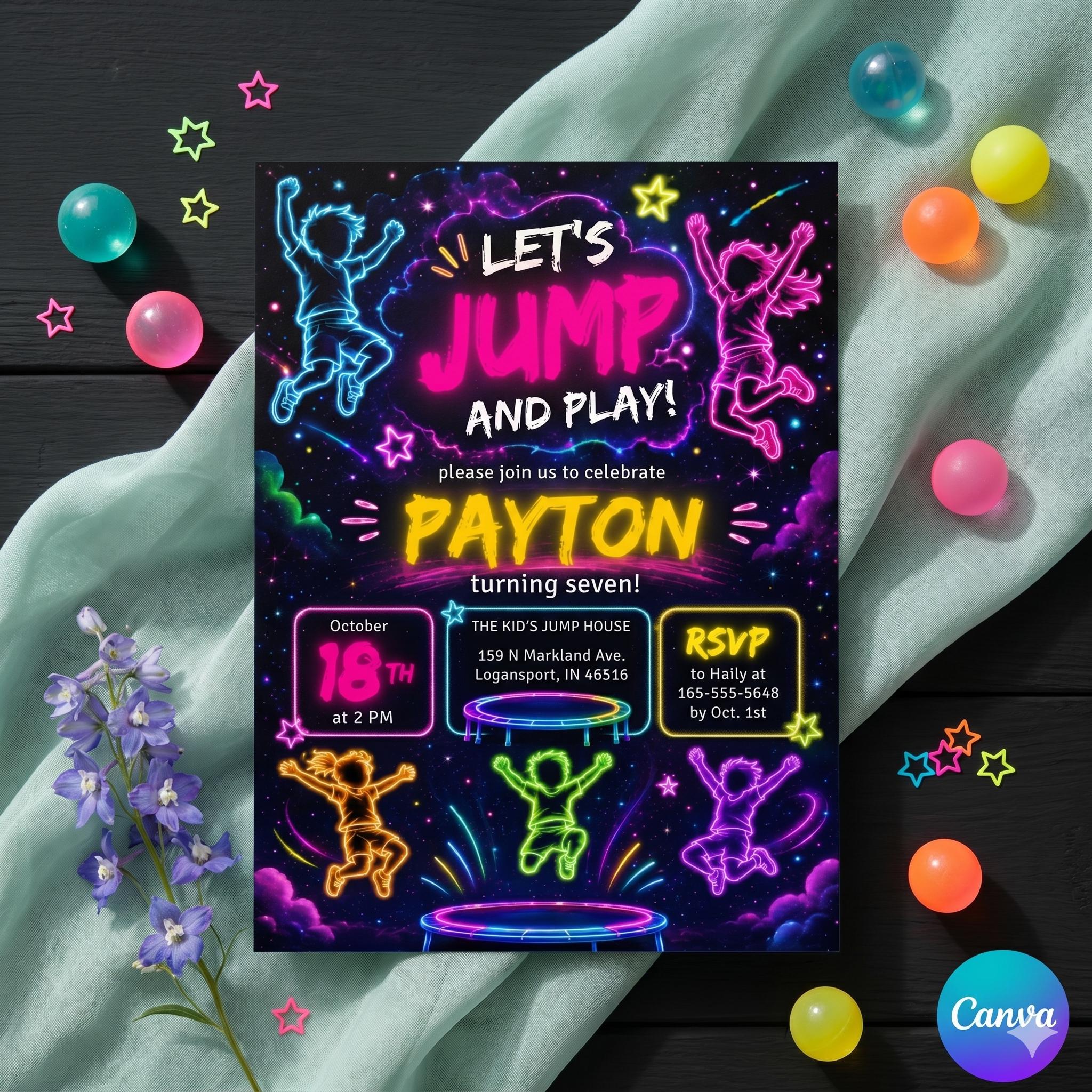 Trampoline Park Birthday Invitation , Jump & Flip Party Digital Invite, Editable Canva Template for Kids and Teens, Instant Download , A20