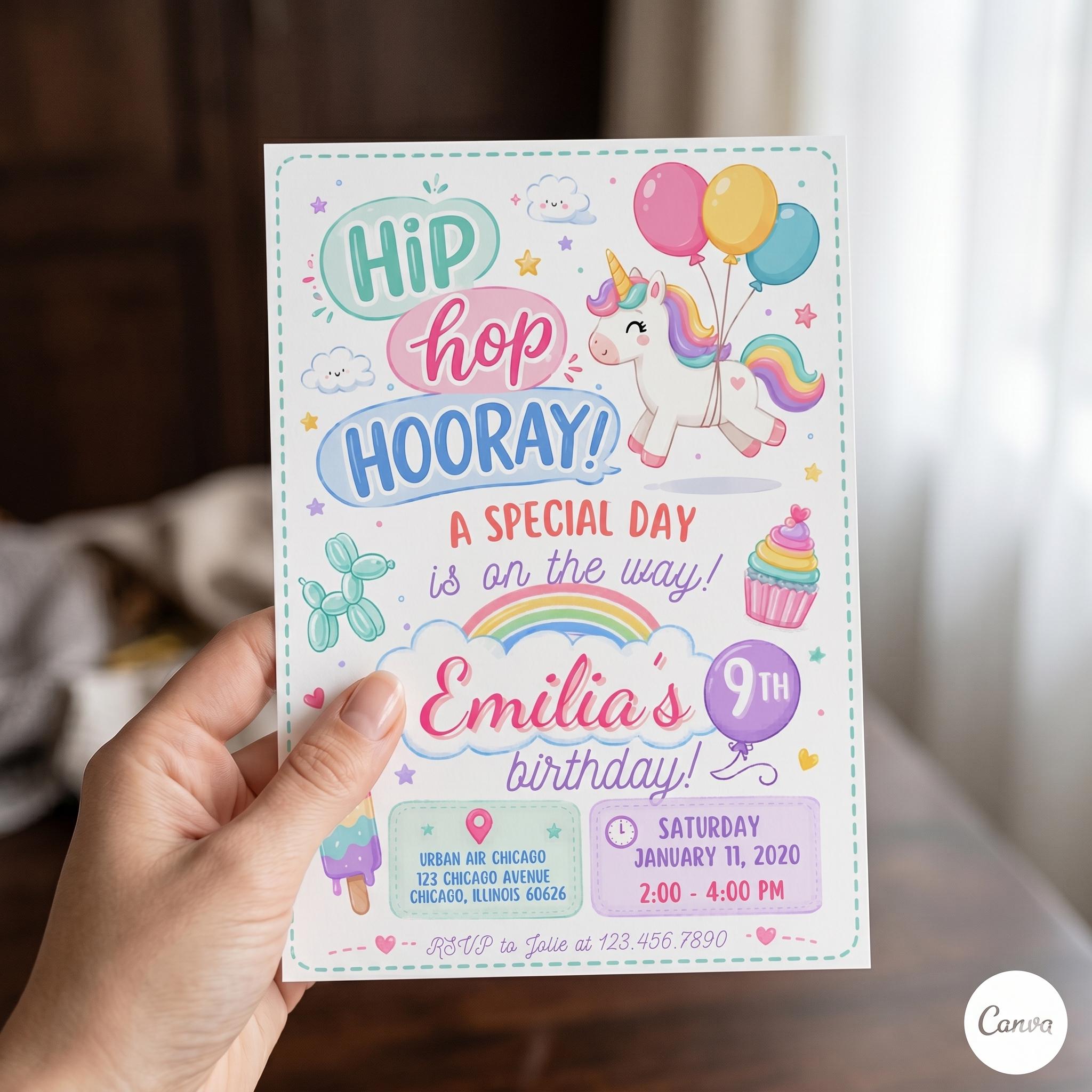Hip Hip Hooray Kids Birthday Invitation, Rainbow Party Invite, Colorful Birthday Printable, First Birthday Invitation, Canva Template