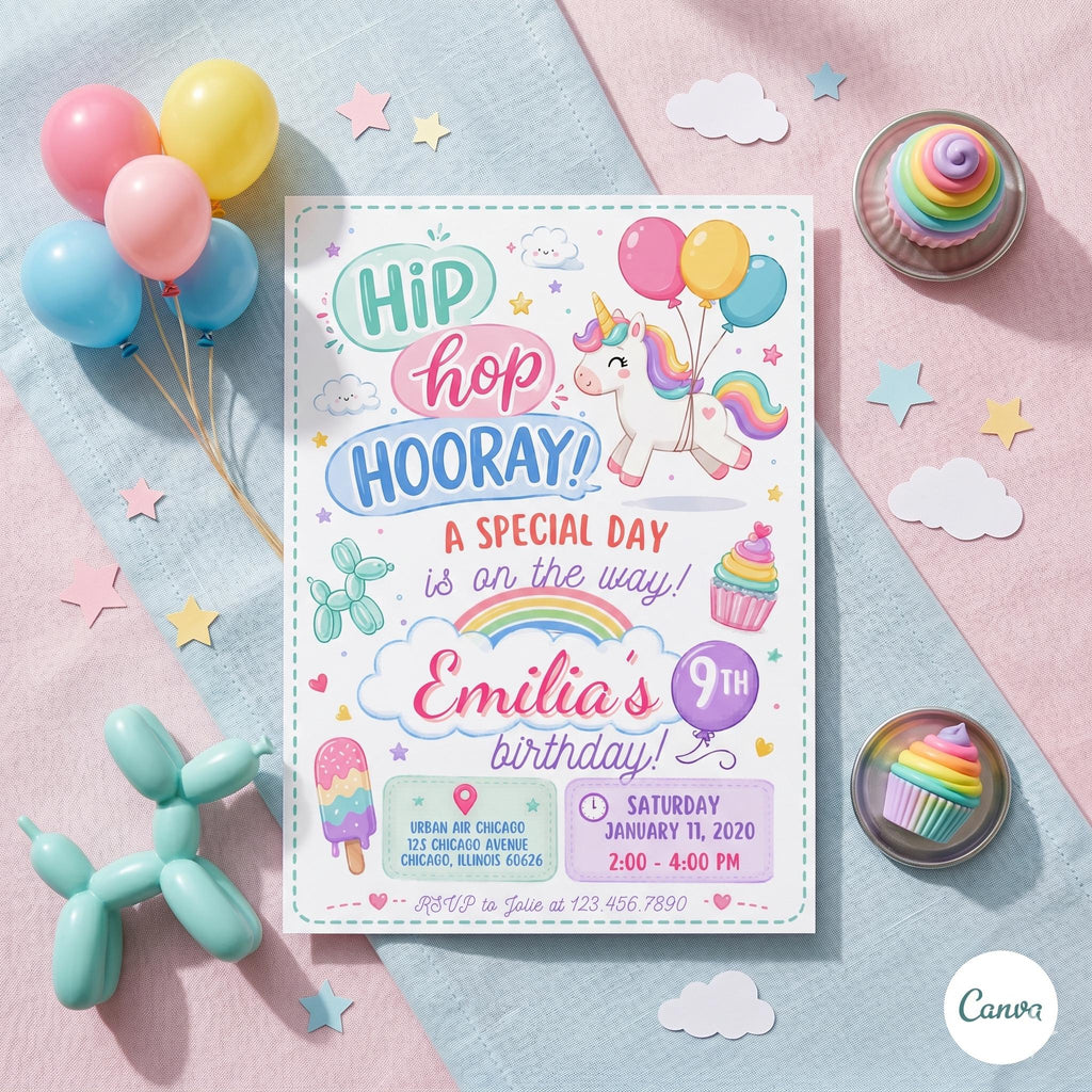 Hip Hip Hooray Kids Birthday Invitation, Rainbow Party Invite, Colorful Birthday Printable, First Birthday Invitation, Canva Template