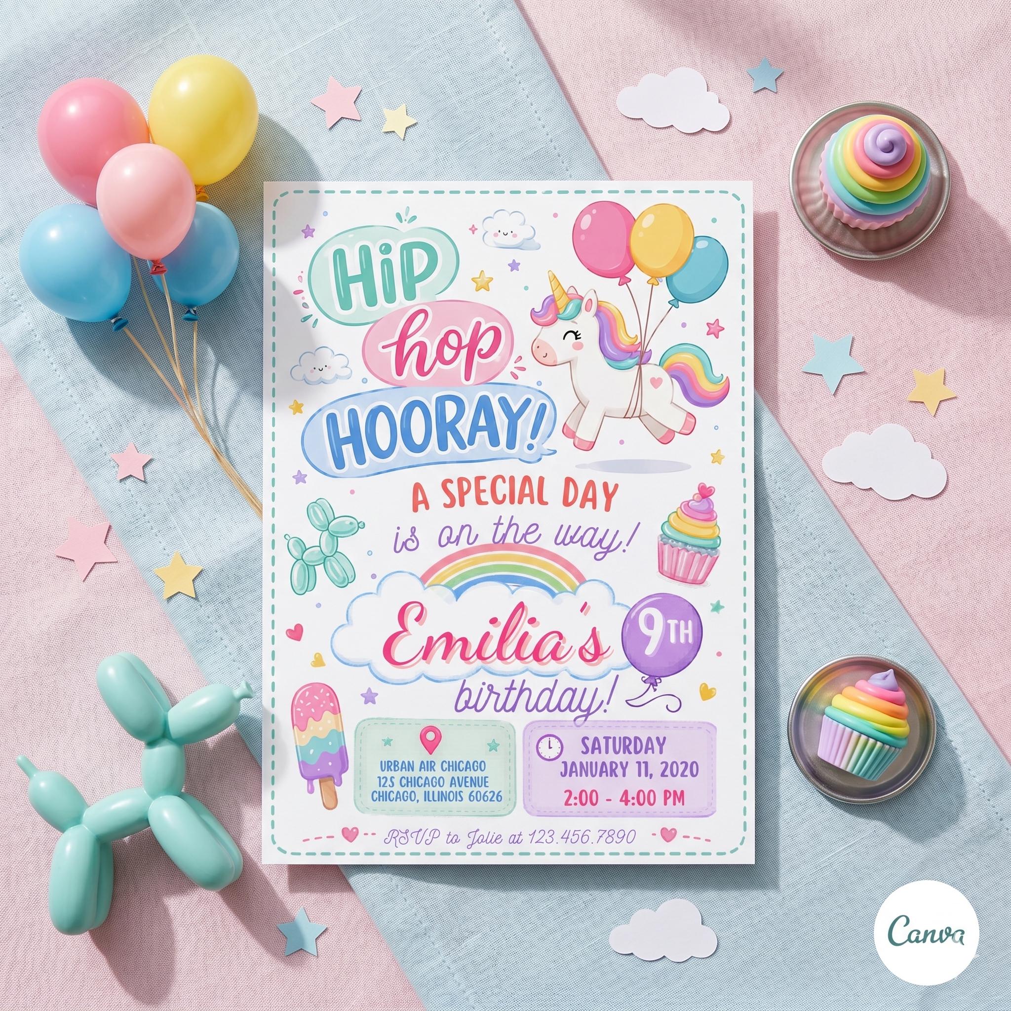 Hip Hip Hooray Kids Birthday Invitation, Rainbow Party Invite, Colorful Birthday Printable, First Birthday Invitation, Canva Template