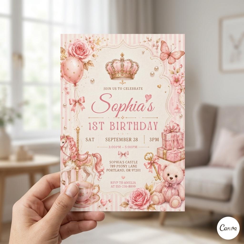 Pink Bow Birthday Invitation, Coquette Girly Party Invite, coquette bow invite, Pink bow 1st birthday invitation, Canva Template