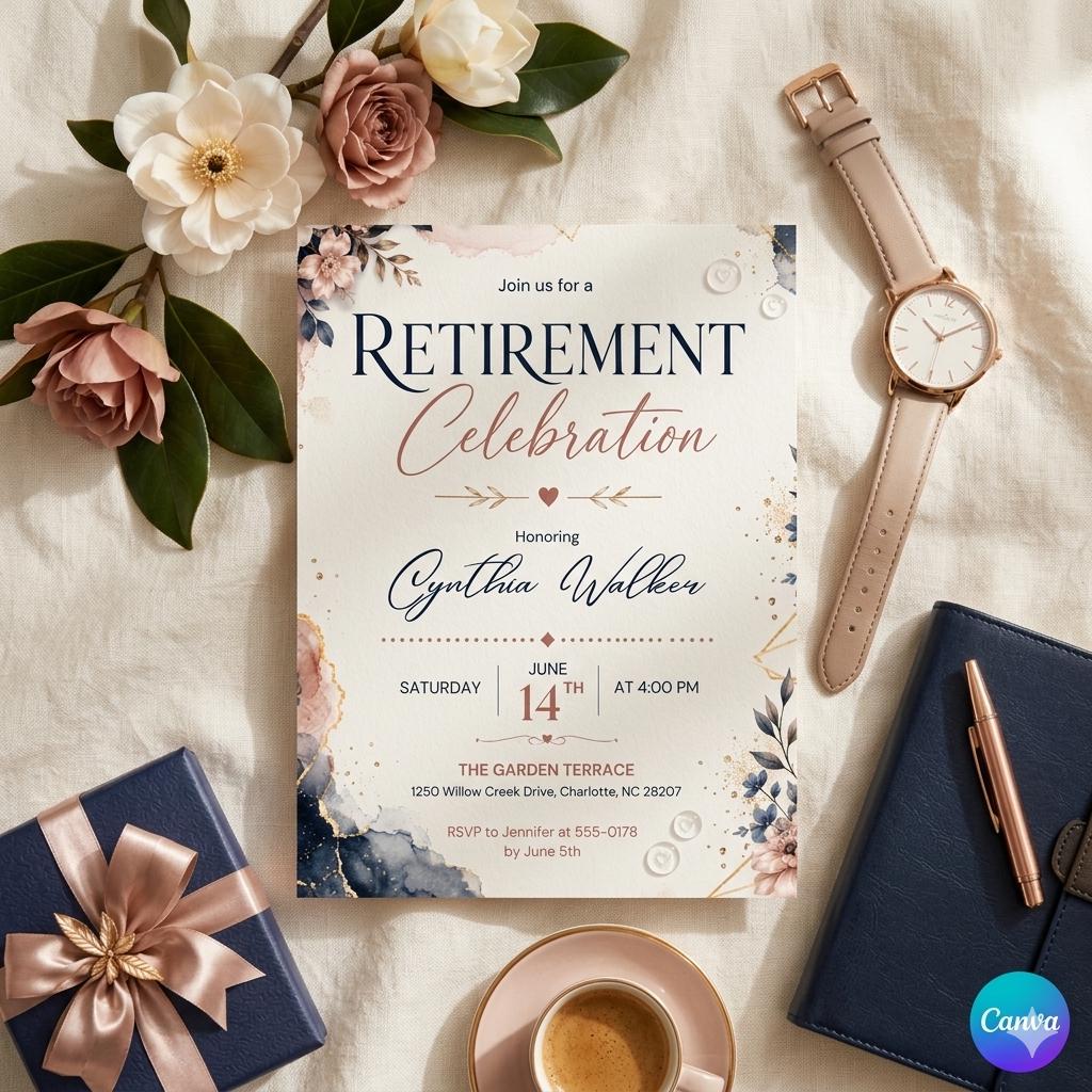 Retirement Party Invitation Blue Balloon Theme Printable Retirement Celebration Invite for Men and Women, Editable Canva Template (Digital)