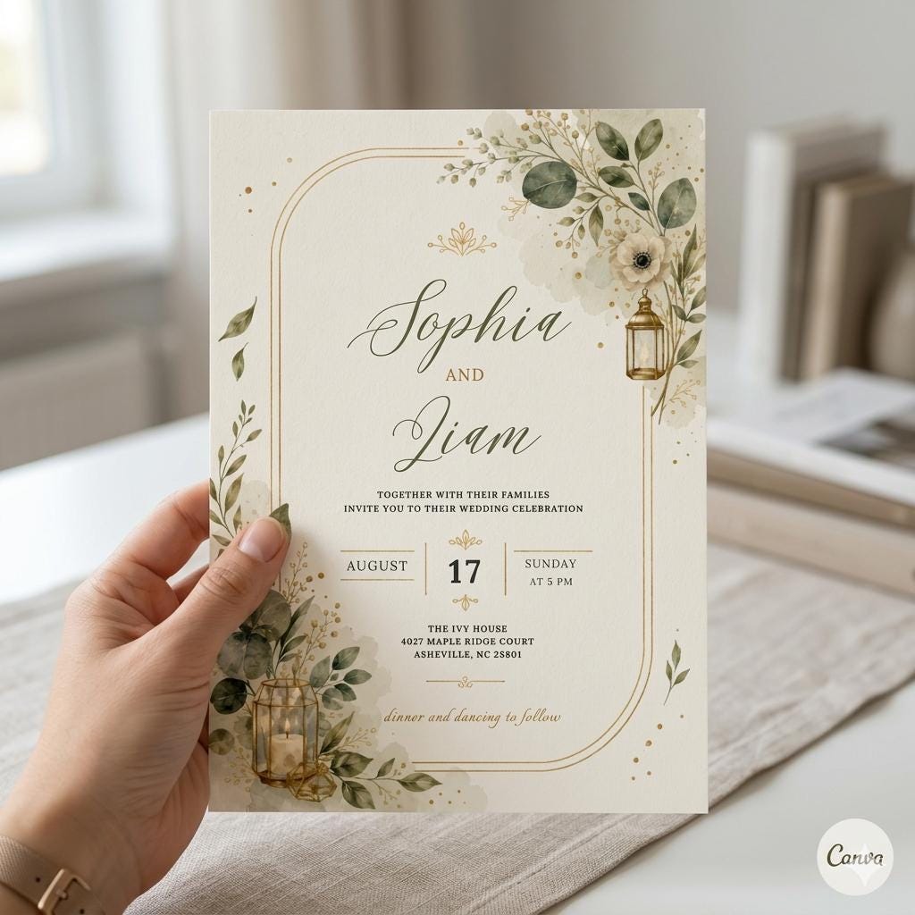 Editable Floral Wedding Invitation Template, Summer Wedding Invite, Elegant Botanical Design, Floral Watercolor Design, Wedding Invitation
