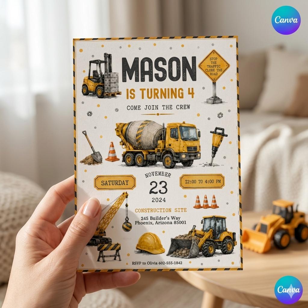 Construction Birthday Invitation: Editable Canva Template (Digital Download)