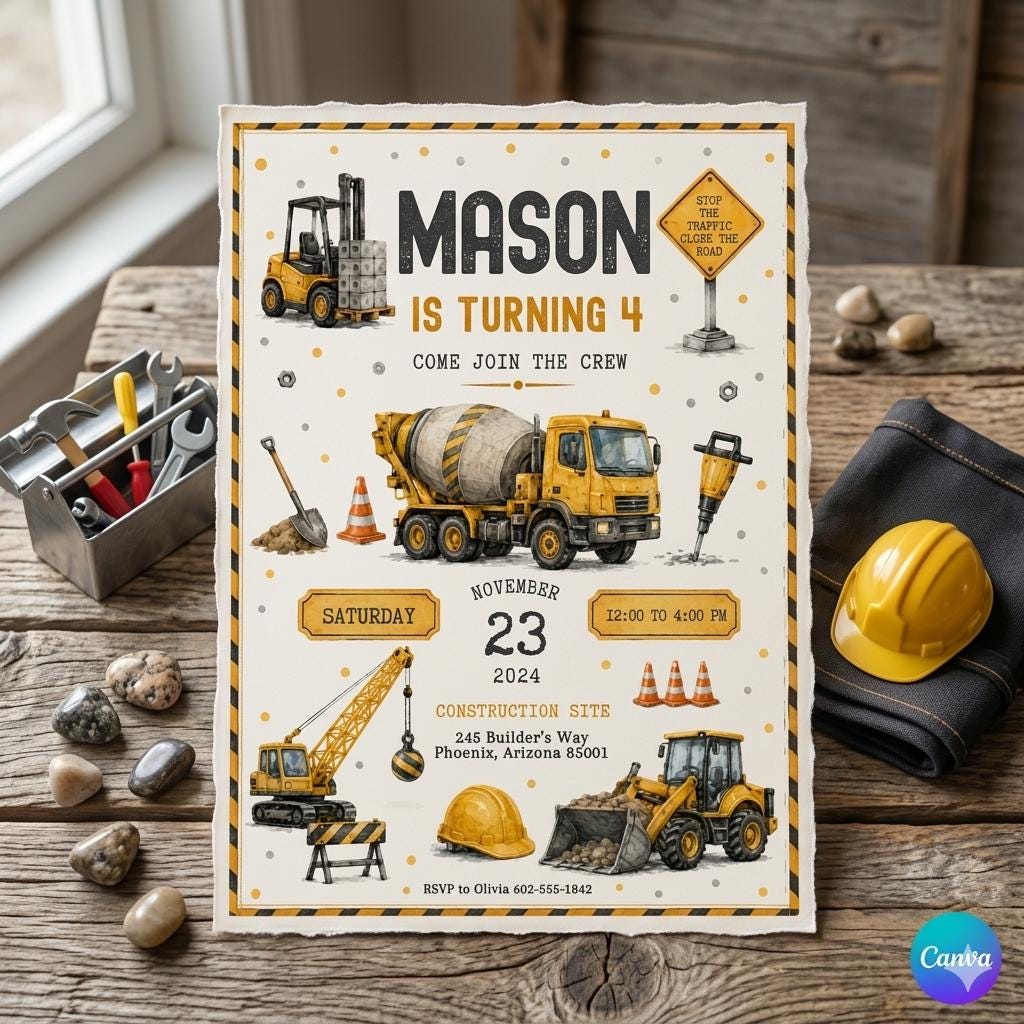 Construction Birthday Invitation: Editable Canva Template (Digital Download)