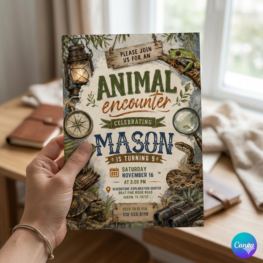 Reptile Birthday Invitation Editable Template, Lizard Nature Theme Boy Printable Invite, Zoo Animal Encounter Party, Editable Canva Template