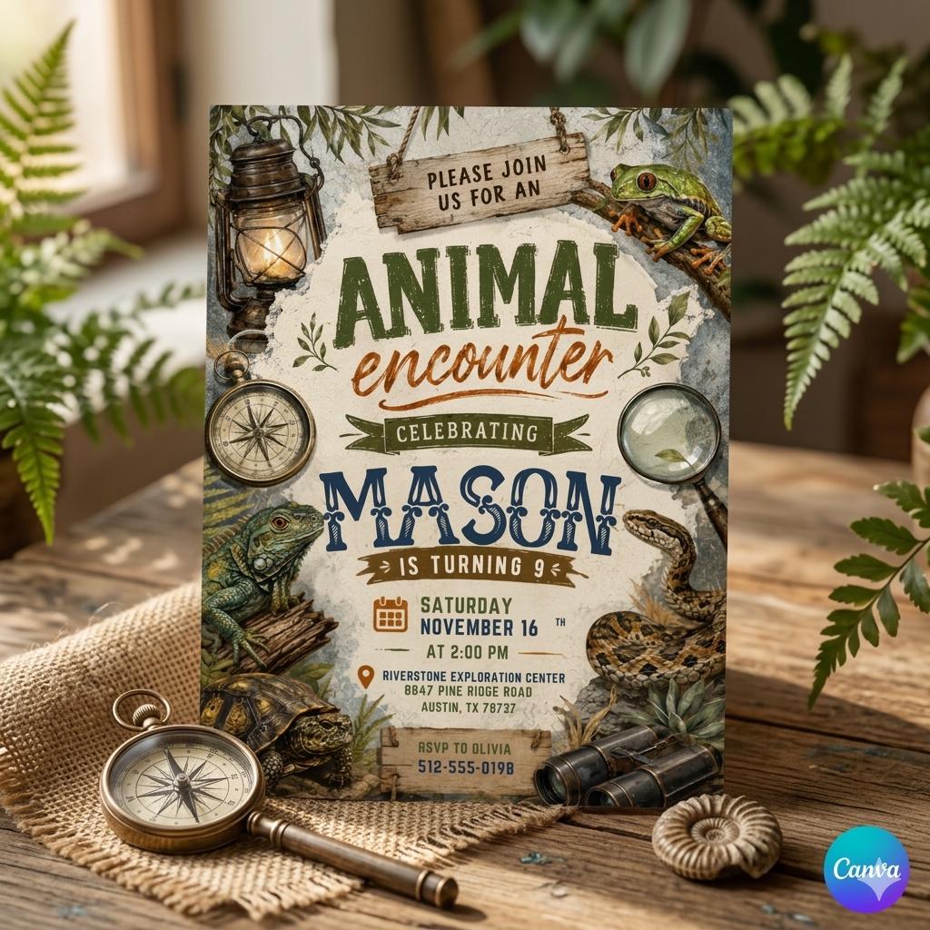 Reptile Birthday Invitation Editable Template, Lizard Nature Theme Boy Printable Invite, Zoo Animal Encounter Party, Editable Canva Template