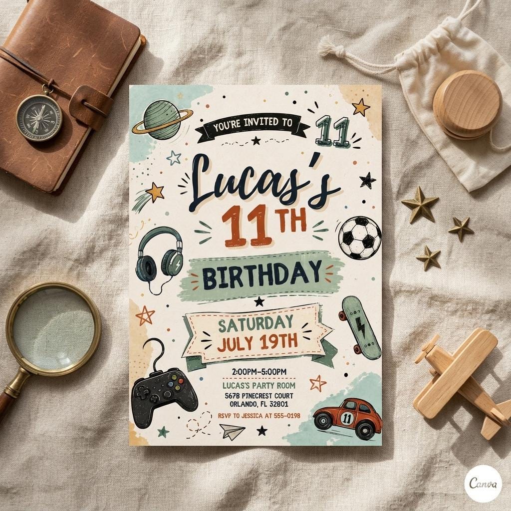 Boy Birthday Invitation, Editable Canva Boy Birthday Invitation, Teenager Birthday Invite, 11th Birthday Invitation, Canva Template