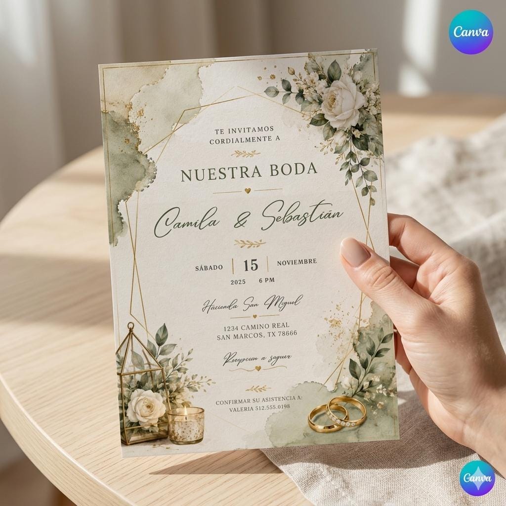 nvitación para Boda en Español para Editar, Elegant White Floral Engagement Ring Spanish Wedding Invitation Editable Wedding Canva Template